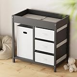 YUFU Baby Changing Table, Diaper Changing Table with Laundry Hamper, 3 Storage Drawers and Pad, Wooden Infant Diaper Changing Station, Gray