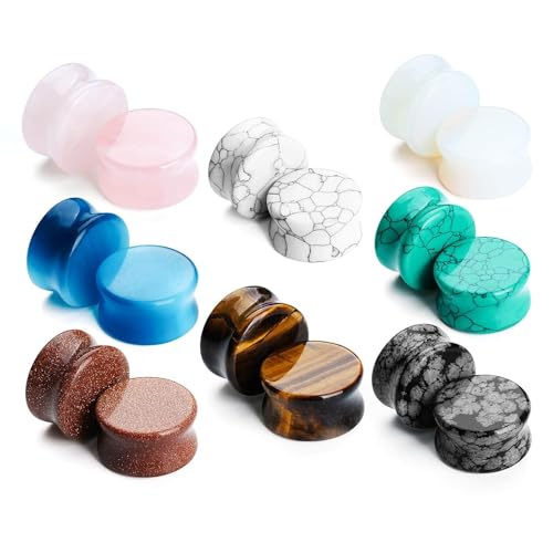 Natural Stone Ear Plugs Stretching Gauges Kit,16Pcs Mixed 6MM-20MM Saddle Double Flare Tunnel Unisex Earrings Body Jewelry