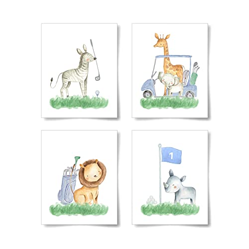 Image of La Naranja Safari Nursery Decor Golf Wall Art Prints for Kids Cute Room Decor Aesthetic Golf Buddies Animal Pictures for Boys Room, Girls Room, Baby Shower Gifts, Set of 4, 8''x10'', UNFRAMED