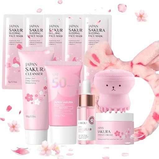 Set de Cuidado Facial Sakura 11 Piezas,Skincare kit con Cinta para el pelo,Cepillo facial,Limpiador,Protector solar 50,Esencia,Crema,Mascarilla facial 5,para Adolescentes y Mujeres | Ya disponible en tu tienda friki favorita! En mundofriki.es!