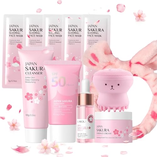 Set de Cuidado Facial Sakura 11 Piezas,Skincare kit con Cinta para el pelo,Cepillo facial,Limpiador,Protector solar 50,Esencia,Crema,Mascarilla facial 5,para Adolescentes y Mujeres