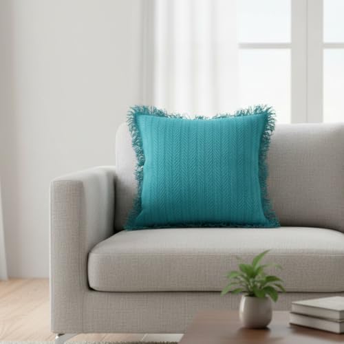 Image of Cotton Cushion Covers 16x16 Inch | Handwoven Teal Blue Decorative Square Cushion Case with Fringe | Sofa, Living Room, Bedroom, Diwan Home Decor Throw Cushion Cover