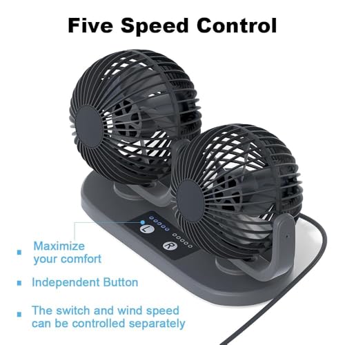 12V DC Instrument Panel Cigarette Lighter Fan, Low Noise Dual Head Air Circulation, Five Speed Regulation, 360 Degree Rotation, Truck, Van, SUV, RV