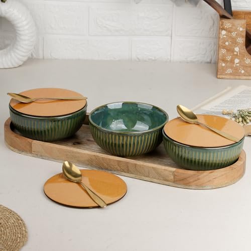 Image of The Earth Store Glam Green Ceramic Bowl Serving Set - 3 Bowls (500ml Each) with Wooden Tray, 3 Spoons & 3 Multipurpose Lids /Coaster - for Snacks, Curries, Desserts & Fruits