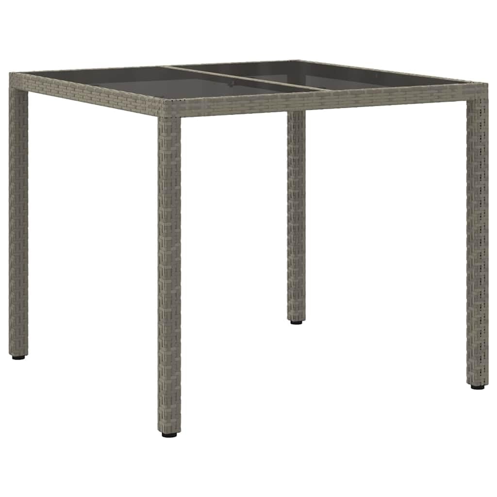 Szary stół ogrodowy z polirattanu 90 x 90 x 75 cm z malowaną proszkowo stalową ramą, na taras, balkon, do ogrodu, na patio, werandę, podwórko, kemping, piknik, grillowanie, jedzenie