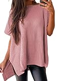 SHEWIN Sweaters for Women Crew Neck Short Sleeve Sweater Casual Tunic Tops for Women Loose Fit Dressy Lightweight Womens Summer Tops Fall Outfits 2025 Light Pink Small