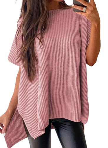 SHEWIN Sweaters for Women Crew Neck Short Sleeve Sweater for Women Lightweight Womens Tops Dressy Casual Pullover Oversized Shirts Knit Teacher Outfits Womens Summer Tops Light Pink Medium