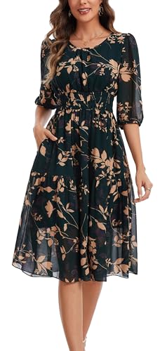 Image of Kormei Women Casual Boho Floral Round Neck 3 /4 Sleeve Smocked Waist Tiered A Line Flowy Swing Midi Dress Long Dresses