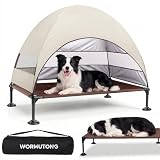 Elevated Outdoor Dog Bed with Canopy, Raised Dog Cot with Stable Adjustable Feet, Dog Camping Bed with Larger Shade, Lifted Dog Tent Bed with Canopy for Outside (Beige, Large)