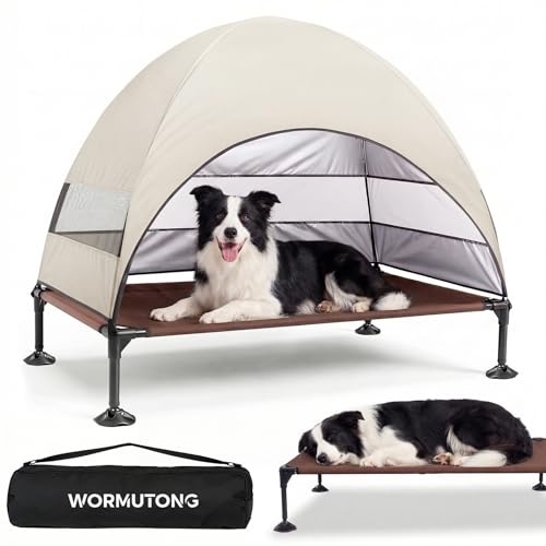 Elevated Outdoor Dog Bed with Canopy Raised Dog Cot with Stable Adjustable Feet Dog Camping Bed with Larger Shade Lifted Dog Tent Bed with Canopy for Outside (Beige Large)