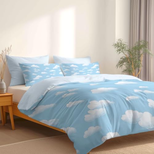 Housse de Couette 90x190cm Bleu Clair Parure de Lit Enfant Nuages 2 Pièces - 6