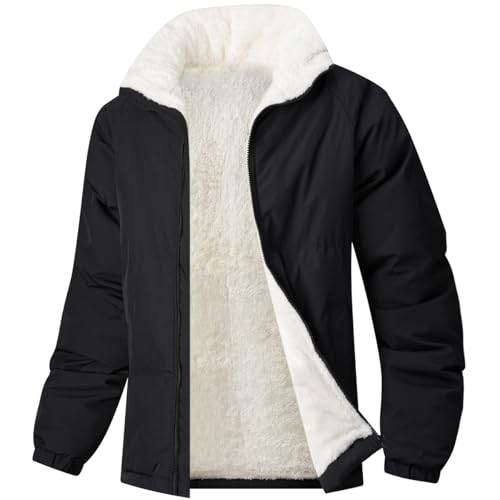 Image of hathne Men's Winter Warm Fleece Lined Jacket Lightweight Thick Stand Collar Full Zip Jacket Coat(Black,XL)