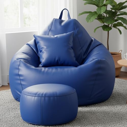 Image of KAM'S LIEU 6XL Luxury Faux Leather Bean Bag with Footrest & Cushion | Pre-Filled High-Density Polystyrene Beans | Premium Leatherette |Teardrop Handle Design | 6 Months Warranty Color- Royal Blue
