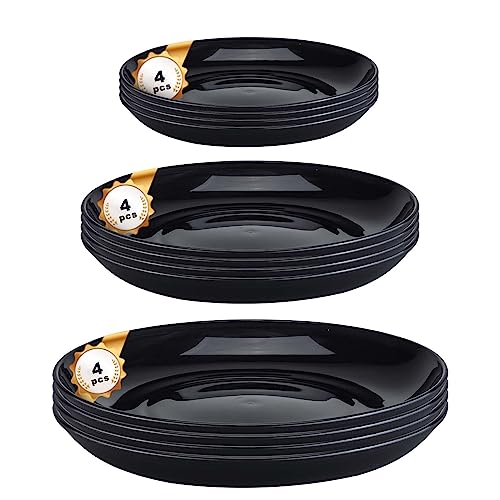 Pleafind Dinner Plates set of 12, Plastic reusable, 3 Size include Plates, Salad Dessert Dishwasher and Microwave Safe Party Lightweight Unbreakable, BPA-Free, Black