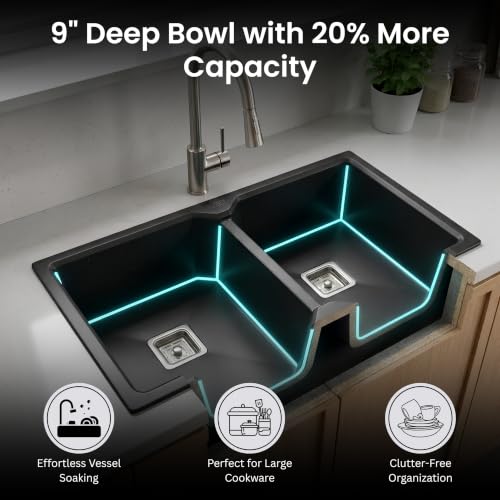 Image of GLOXY Premium Quartz Granite Double Bowl Kitchen Sink 45x20x9 Inch - Black Matte Finish Double Bowl Quartz Sink With Drainer Basket, Coupling Hose Pipe - Scratch Resistant Undermount & Topmount Sink