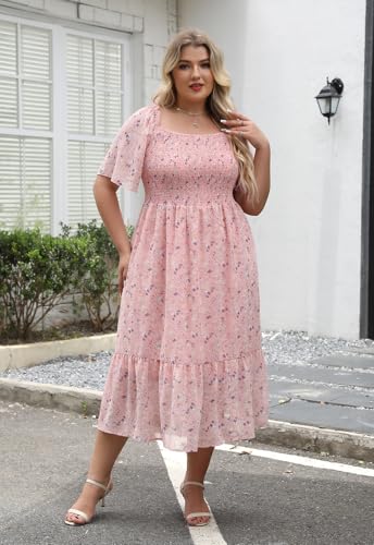 Image of Keluummi Plus Size Wedding Guest Maxi Dresses for Curvy Women, Summer Casual Boho Floral Smocked Empire Waist A Line Sundress