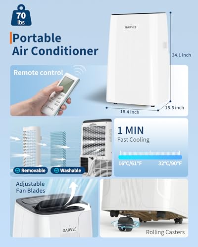 Image of Garvee Portable Air Conditioner 14,000BTU, Remote Control, Portable AC Unit, Dehumidifier, Fan, 800Sq.Ft Cool /Dry /Swing /Child Lock,Quite,LCD Display,Fast Cool, Air Purification,1290W, CEER7.83,Black