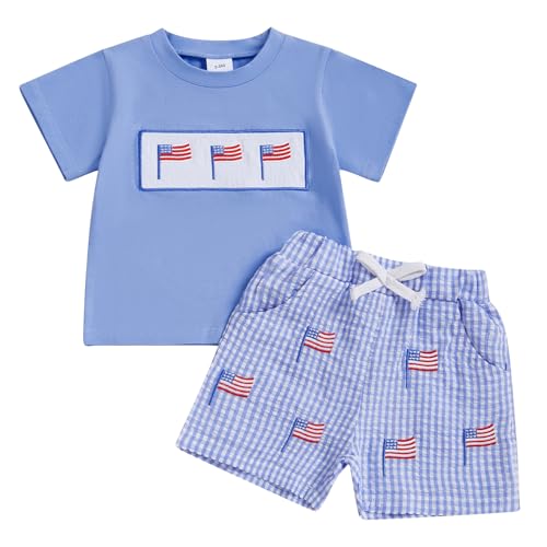 Image of Kayotuas Fourth Of July Toddler Boy Outfit Baby American Flag Clothes Patriotic Shirt Striped Gingham Shorts 2Pcs Summer Sets
