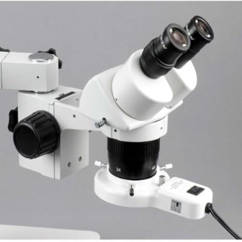 Image of AmScope SW-3B13Z-FRL Binocular Stereo Microscope, WH10x Eyepieces, 10X /20X /30X /60X Magnification, 1X /3X Objective, Single-Arm Boom Stand, 8W Fluorescent Ring Light, 110V-120V, Includes 2.0x Barlow Lens