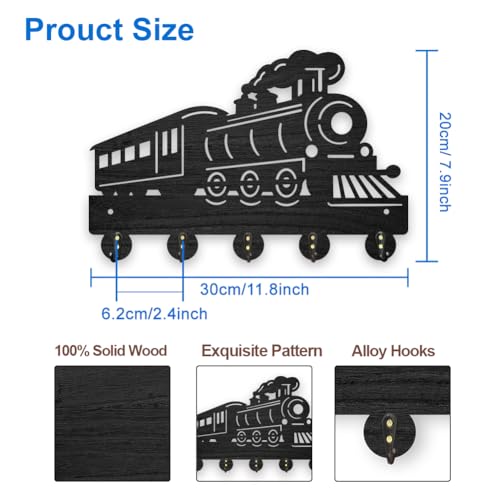MAYJOYDIY Train Wall Mount Coat Rack Wood Steam Key Hanger 30×20cm Retro Tracks Key Holder 5 Alloy Hooks Black Wall Art Decor for Living Room Office Entryway Gift - Image 2
