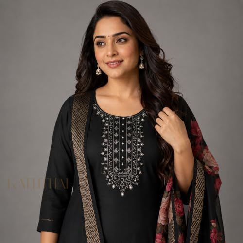 Image of Kaththai Women Embroidered Kurta and Pant Set with Dupatta | Ethnic Suit Set for Women | Floral Printed Organza Dupatta | Festive, & Traditional Kurta Set