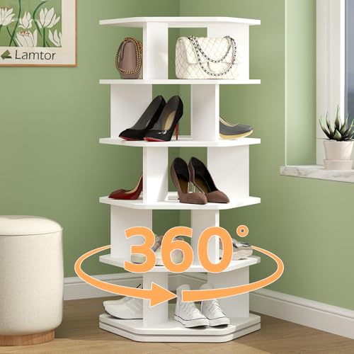 5-Tier Rotating Shoe Rack Tower - Wooden Spinning Shoe Display La...