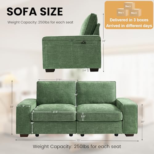 Image of TEKAMON 73 inch Modular Sofa Couch with Seat Storage, Comfy 2-Seater Chenille Fabric Loveseat Sofa for Living Room, Office, Apartment W /Deep Seat, Wide Armrest, USB Charing Removable Cover(Green)
