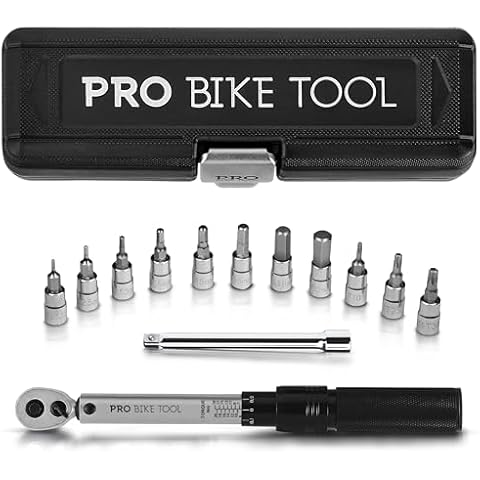 PRO BIKE TOOL 1/4 Inch Drive Click Bicycle Torque Wrench Set – 2 to 20 Nm – Maintenance Kit for Road and Mountain Bikes - Includes Allen and Torx Screws, Extension Bar and Storage Box - ISO Certified Cover