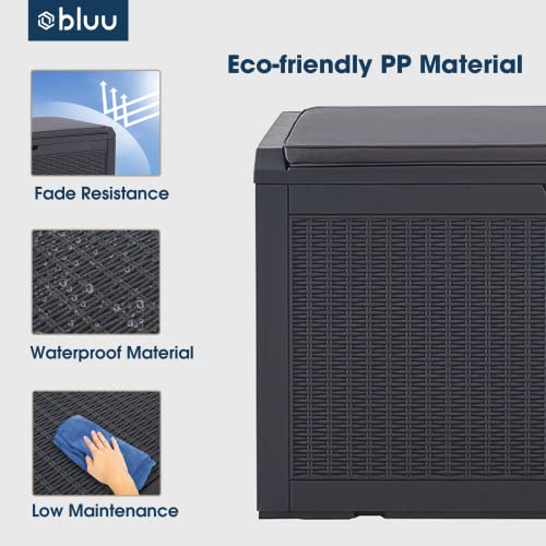 BLUU 100 Gallon Outdoor Storage Box Deck Bench with Cushion for Outdoor Pillows, Pool Toys, Garden Tools and Sports Equipment | Waterproof Cabinet | Lock Included - Thumbnail 3