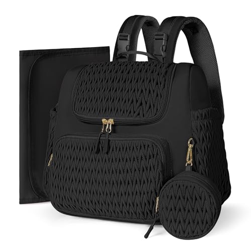 Image of Geestock Diaper Bag Small Diaper Backpack, Stylish Quilted Baby Backpacks, Mini Maternity Bags, with Changing Pad, Pacifier Case & Stroller Straps, Parents Essentials Diaper Bag, Black