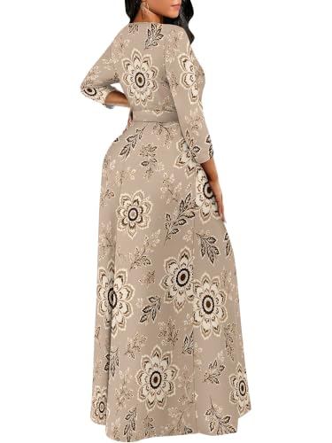 Image of Women Plus Size Long Sleeve V Neck Maxi Dress with Belt | Soft fabric relaxed fit three quarter sleeve v neck with pockets for party and daily wear