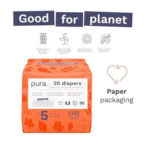 Image of Pura Size 5 Eco-Friendly Diapers (24-35 lbs) Totally Chlorine Free (TCF) Hypoallergenic, Soft Organic Cotton, up to 12 Hours Leak Protection, Allergy UK, 3 Packs of 20 (60 Count)
