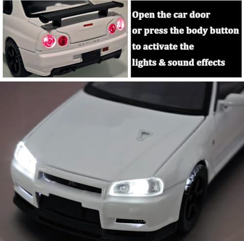 Image of PLUSPOINT Die cast Metal Skyline GTR-R34 P.Walker Edition Sports 1:32 Scale Simulation Model Alloy Metal Pull Back Toy car for Kids with Openable Doors & Light, Music Toy Vehicle for Kids, Adults