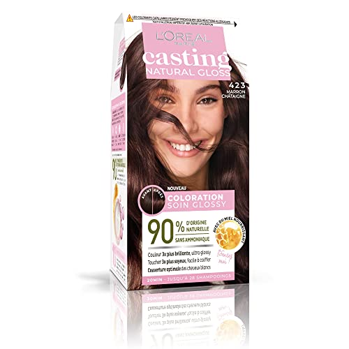 L'ORÉAL PARIS - Tinte permanente para el cabello – Color ultra brillante – Sin amoniaco – 90% ingredientes naturales – Casting Natural Gloss – Nuance: castaño (423)
