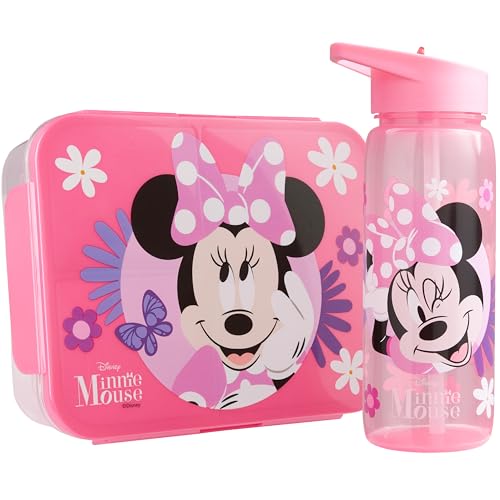 Get Trend Disney Minnie Mouse 2Pc Kids Lunch Box Set with 3 Compartment Bento Box & 21.6 fl oz Water Bottle with Straw Lightweight BPA-Free Leak Proof Microwave Safe Gifts for Girls (Pink Minnie)