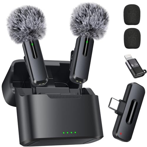 Image of Wireless Mini Microphone for iPhone - 2 Pack Lavalier Microphone for Video Recording, 2 in 1 Noise Reduction Lapel Mic for Ipad, Android,Clip-on Mini Mic with Charging Case