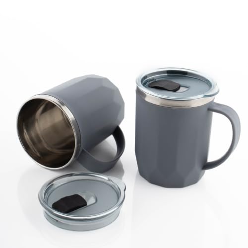 Image of MAGIC SPOON Stainless Steel Travel Coffee Mug with Sipper Lid & Handle, Insulated Tea Cup, BPA-Free Double Wall Tumbler for Hot-Cold Beverages, Office, Home, Car, Travel- Grey, (400ml X 2 Pack)