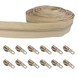 Cremalleras por Metros para Coser, Cremallera Continua Beige, Kit de cremallera espiral reforzada 5m de nailon y 12 deslizadores, para Bolsas de Ropa, Ropa de Cama