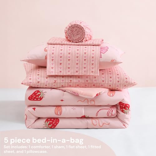 Image of BLOOMHAVEN Twin XL Comforter Set for Girls, 5 Pieces Pink Bedding Set with Strawberry Bow, All Seasons Kids Twin Comforter Set with Sheets, Pillowcase & Sham
