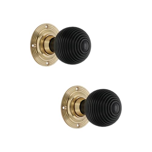 Infinity Decor Pair of Traditional Style Ebony Wood Beehive Rim Door Knobs with Polished Brass Rose Plate Wooden Door Handles – Suitable for Interior & Exterior Doors