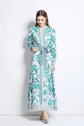 LAI MENG FIVE CATS Women's Casual Floral Print V-Neck Button up Slit Maxi Dress2