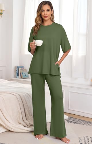 Image of PrinStory Womens Pajamas Sets 2 Piece Lounge Set Short Sleeve Tops and Long Pants Soft Pjs Loungewear with Pockets