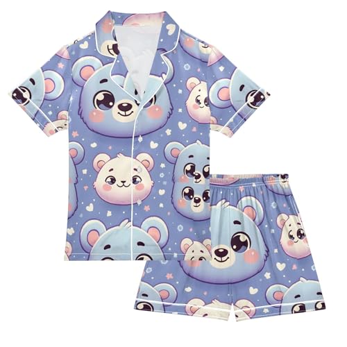 ALAZA Cute Cartoon Bear Heart Pajamas Satin Pajama Set Short Sleeve Button Down Sleepwear
