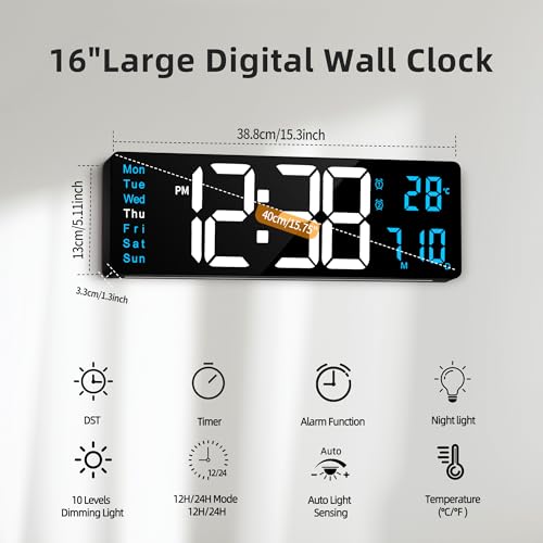 Image of Maxstar 16 inch Digital Wall Clock with Music,Large LED Display,Remote control,Dual Alarm,DST,Date,Week,Dimmer,Temperatur,Jumbo Number,Night Light for Living Room|Office|Kitchen|Farmhouse|Desk Decor(Blue)
