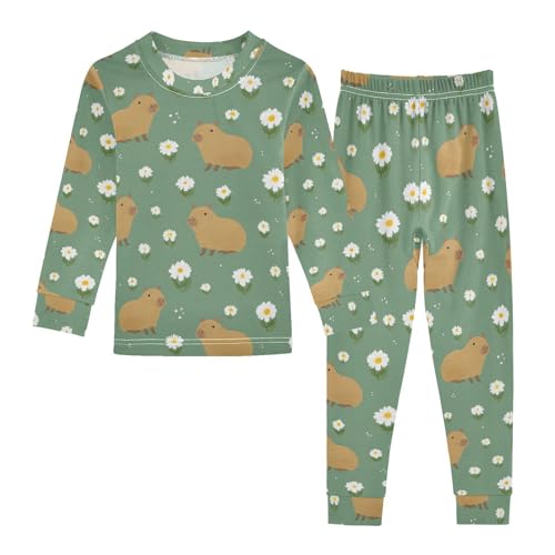 ALAZA Capybara Daisy Blossom Flower Pajamas Long Sleeve Sleepwear 2-Piece Pajama Set