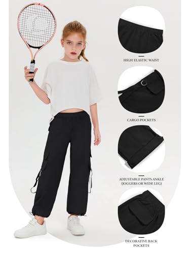 Image of Haloumoning Girls Parachute Pants Kids Wide Leg Cargo Pants Y2K Street Trousers with Pockets 5-14 Years