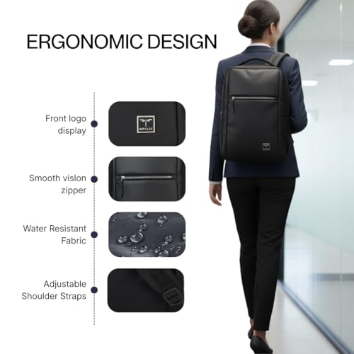 Image of Impulse Empower Premium 20L Laptop Backpack | Vegan Leather Office & Travel Bag for 15.6 Inch Laptop | Water Resistant | Anti-Theft Pocket | Luggage Strap | Black