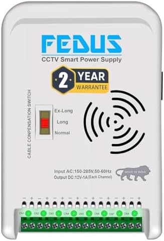 FEDUS 8 Channel CCTV SMPS Power Supply Adapter for up to 8 CCTV Video Security Surveillance Camera System, Dome, Bullet Cameras, Total 12V 10A DC, Cable Compensation Switch (Normal/Long/Ex-Long)