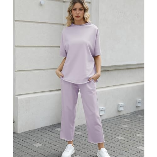 Image of SeeLuNa Women's Two Piece Outfits 3 /4 Batwing Sleeve Capelet Crew Neck Pullover Top Wide Leg Pants Lounge Set