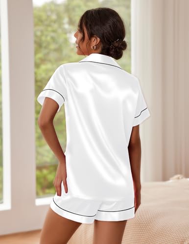Image of Ekouaer Pajamas for Women Set Silk Satin Pjs Button Down Sleepwear Summer Loungewear Top and Shorts Lounge Set S-XXL